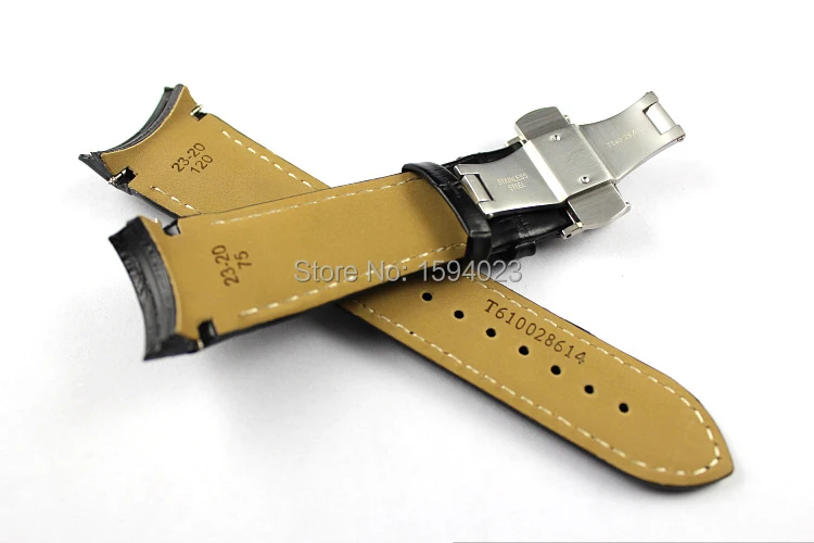 Skup 23mm (klamra 20mm) T035617A wysokiej jakości srebrna klamra motylkowa + T035439 czarne prawdziwa skóry zakrzywiony koniec paski Watchband człowiek
