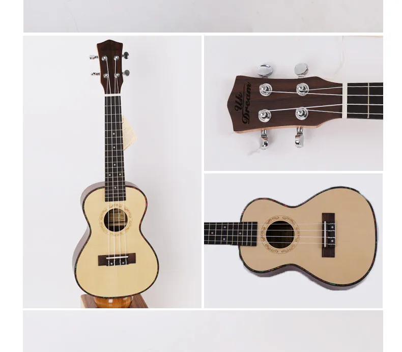 23 дюймов Акустическая гитара Новый стиль музыкальные инструменты четыре струны 17 Лады гитары ели шпон розового дерева Гавайские гитары