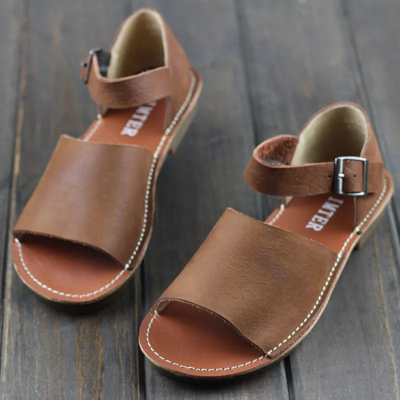 

Vintage Sweet Handmade Genuine Leather Shoes New 2018 Summer Women's Sandals Cow Leather Shoes Pigskin Breathable Buckle Flats