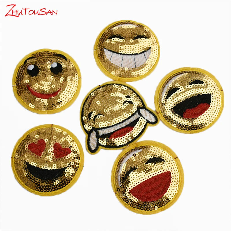 60Pcs Round Emoji Patch For Clothing Iron on 6.5cm Sequined Applique Patch Fabric Badge Garment