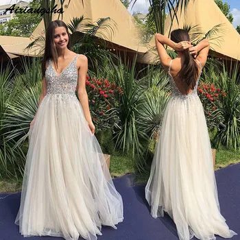 

2019 New Style Floor-Length A-Line Backless Sequin Evening Dress In Stock Customized Party Dresses Costumes Recommend Cheap