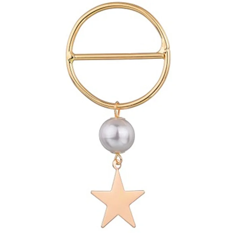 Alloy Hollow Round Neck Silk Scarf Buckle Brooch Female Gold Color Five-Pointed Star Imitation Pearl Pendant Shawl | Украшения и