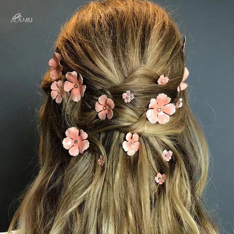 AOMU/1 комплект, заколки для волос с розовым цветком, стразы для девочек, Cystal, заколки для волос, модные заколки для волос, свадебные аксессуары для волос для женщин