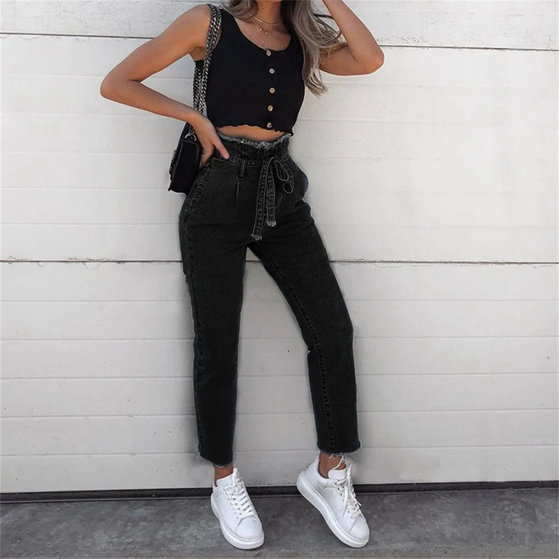 

Laamei 2019 New High Waist Long Straight Jeans Women Plus Size High Waist Trimmings Slim Denim Skinny Jeans Pants Belt Trousers