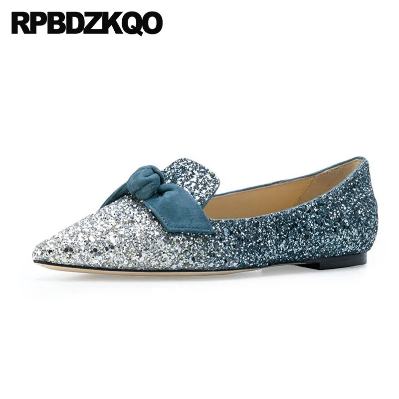 

Blue Sequin Large Size Gold Pointy Ballerina Sparkling Women Chinese Wedding Shoes Flats Bow Party Ballet 10 Glitter Loafers