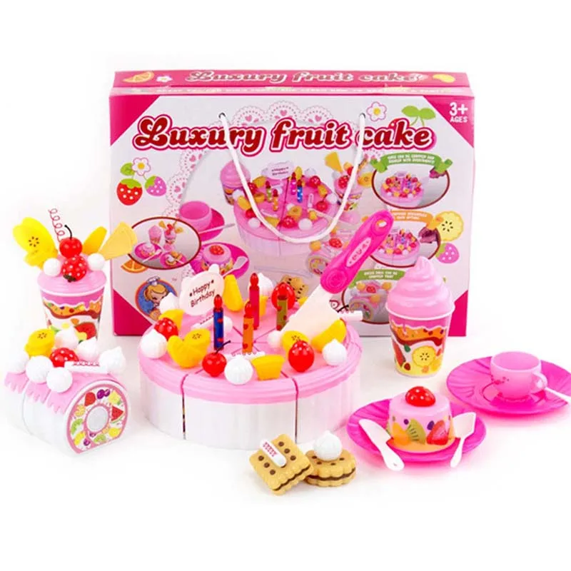 Игрушечный торт для девочек, игрушечный набор для кухни, игровой набор, фруктовый торт, день рождения, ролевые игры, игрушки, розовый, голубой, подарок для детей - Цвет: Pink 37pc