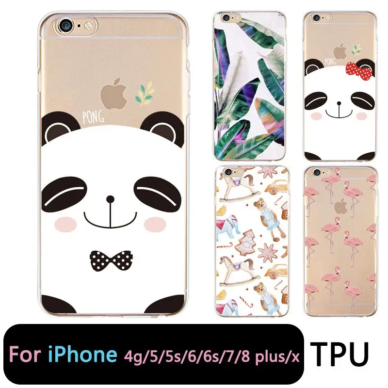 QMSWEI TPU Clear Phone Case For iPhone 6G 6s 7 8plus x Soft Silicone Panda Leaf Dog Cute Printed Cover 4 5se 6Plus 7P |