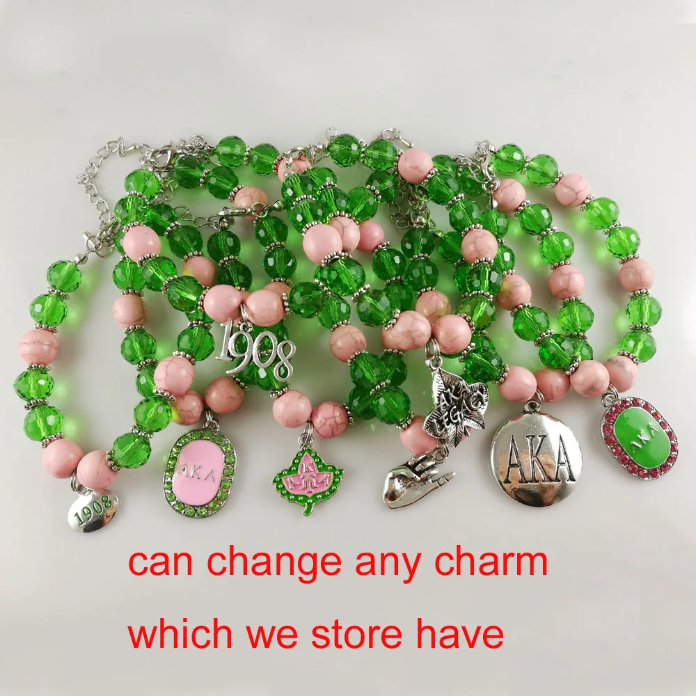 

AKA Sorority pink green bead with variety charm bracelet bangle aka jewelry