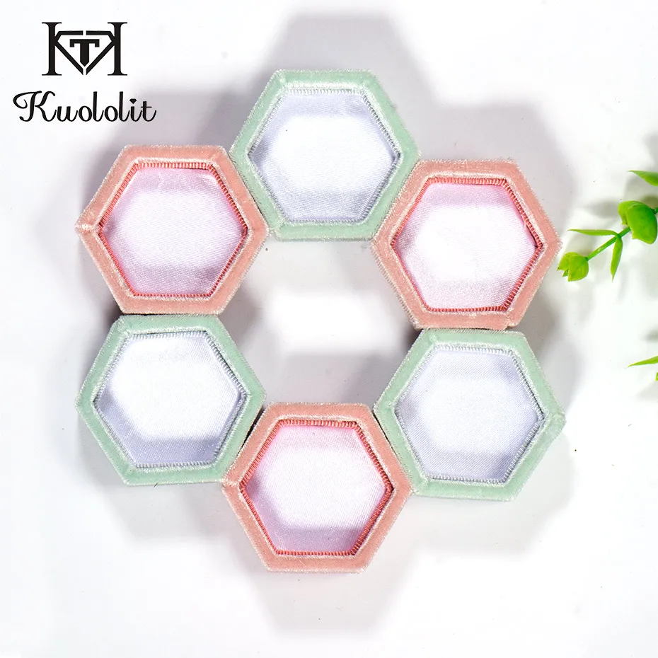 

Kuololit 5PC/lot Velvet Hexagon Ring Boxes for Women Handmade Jewelry Boxes for Wedding Engagement Bridal Gift Pink Green box