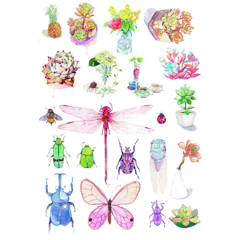 

2 PCS Color Insects Succulent Plants DIY Uncut Decoration Scrapbook Stationery Diary Sticker Planner Cute Label Travel Stickers