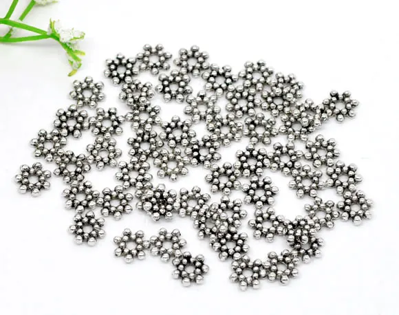 DoreenBeads цинковый металлический сплав вставка бусины в виде цветка античный серебряный цвет около 6,5 мм x 6,5 мм, Отверстие: Около 1,5 мм, 55 шт