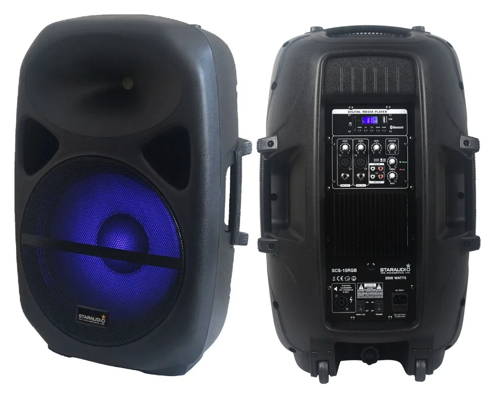 15inch 2500w disco powered dj pa stage spekaer with rgb led lighting bluetooth sd card mp3 player usb stage party show wedding school play speakers