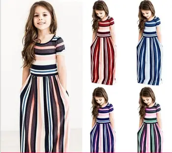 

Explosion children's clothing Europe and America color striped print waist dress new girls long pleated dress