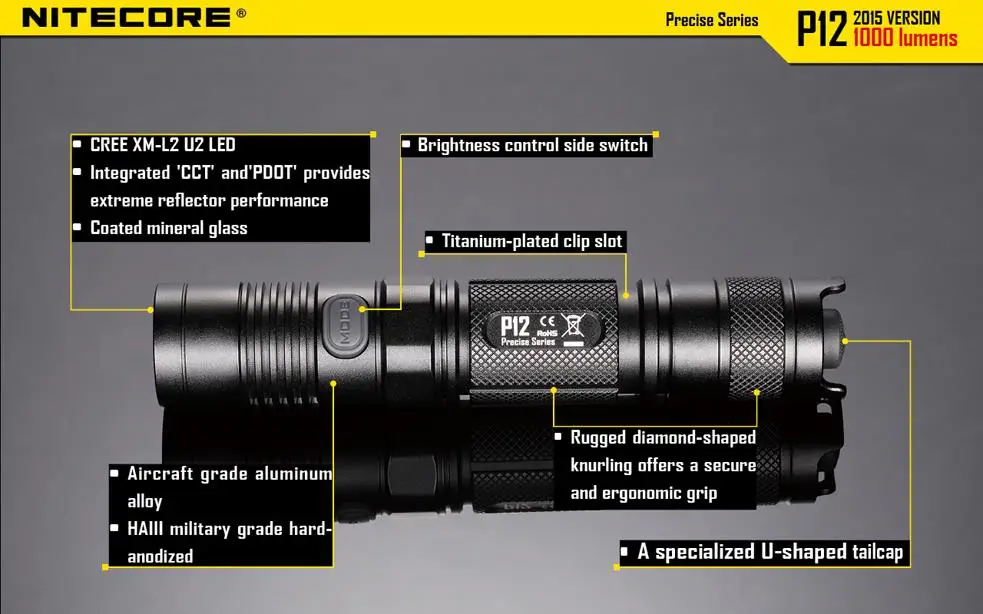 Nitecore P12 тактический фонарь CREE XM-L2 U2 LED 1000 люмен 4 режима 18650 Открытый Отдых карманный EDC Портативный факел