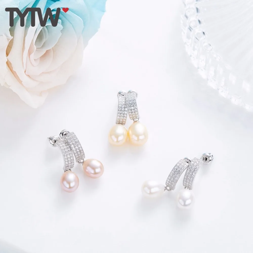 

TYTW 925 Sterling Silver White Gray Shell Pearl Fashion Earrings Women Jewelry Customize Fresh Water Pearl Korea Earring