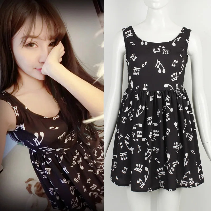 

Free shipping Fashion Women Music Notes Dress Musical Notes Print Sleeveless Lady Tank Casual Dress