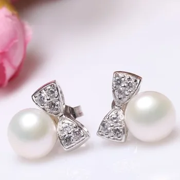 

Women Gift word 925 Sterling real Natural freshwater pearl earrings, butterfly knot, 925