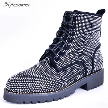 

Stylesowner Bling Sequined Ankle Martin Boots Crystal Lace Up High Quality Warm Winter Botas Mujer Chunky Heel Short Boots Shoes