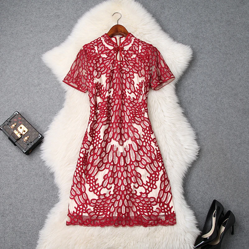 

Short sleeve Cheongsam party dress 4xl 2019 new spring summer Retro elegant Flower Dress Plus Size Hollowing out Vintage dresses