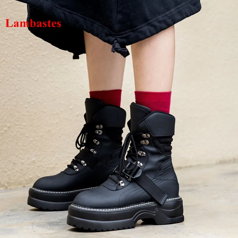 

2018 New Winter Boots Women Black Metal Decoration Lace Up Leather Women Ankle Boots Platform Punk Style Motorcycle Botas Mujer
