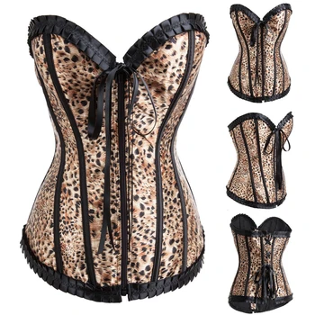 

Steampunk Brown Leopard Ruffle Women Sexy Corset Adult Club Animal Cosplay Catwoman Gothic Body Shaper Burlesque Bustier Tops XL