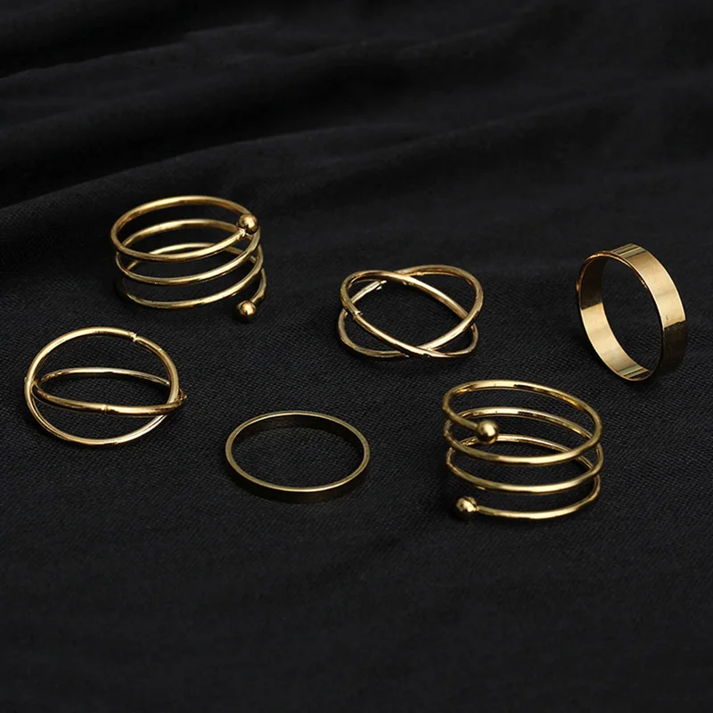 

6 Pieces/Set Finger Rings For Women Gold Color Alloy Engagement Wedding Party Female Ring Set Fashion Jewelry