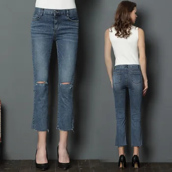 

Spring and summer new arrival waist stretch jeans women's straight jeans knee hole flash jeans ankle-length jeans for women 9936