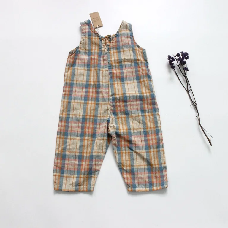 plaid Новые летние детские клетчатые комбинезоны унисекс в Корейском стиле, хлопковые льняные комбинезоны без рукавов для маленьких мальчиков и девочек, детские штаны - Цвет: plaid