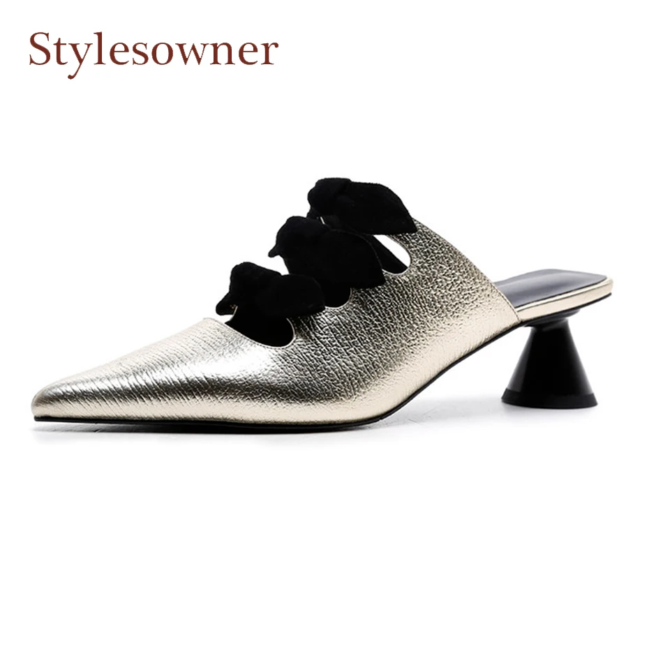 

Stylesowner spring new women's mules shoes pointed toe strange heel slippers butterfly knot patchwork hollow slip on lady shoes