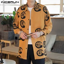 INCERUN, мужская рубашка в китайском стиле, Ретро стиль, с принтом, с отворотом, рукав 3/4, Camisa Masculina, на пуговицах, свободная, Ретро стиль, длинная, мужская рубашка