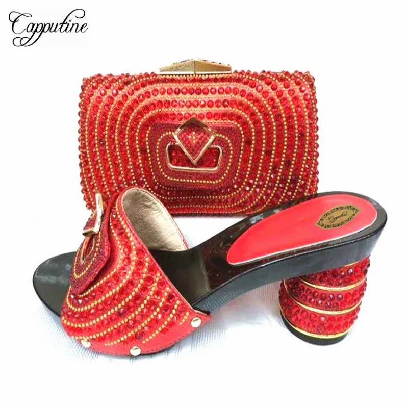 

Capputine African Style Nice Looking Full Rhinestone Shoe And Bag Set Nigerian Summer Red Color Pumps Party Shoes And Bag TX-039