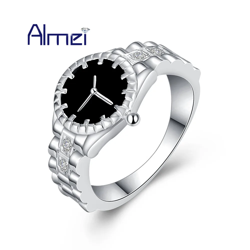 

Almei Watch-shape Rings For Women Black Female Ring with Stones Cubic Zirconia Women's Decorating Jewelry Size 6-9 Gifts HR311