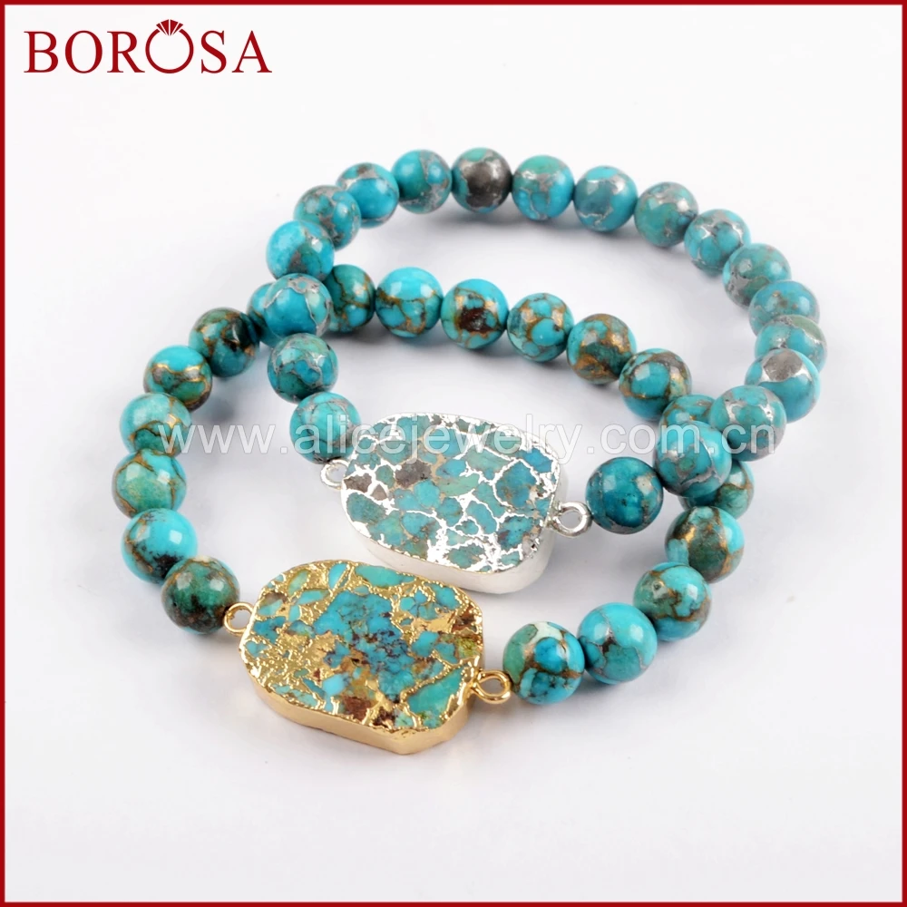 

BOROSA 4PCS Gold/Silver Color Natural Turquoises With 8mm blue Beads Bracelets Druzy Handmade Stone Bracelet 1652
