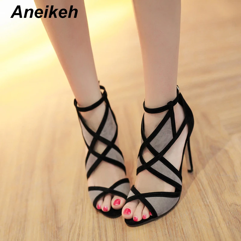 

Aneikeh 2019 New Sexy Color Matching Sandals Summer Roman High Heels Hollow Cross Straps Open Toe Stiletto High Heel Sandals