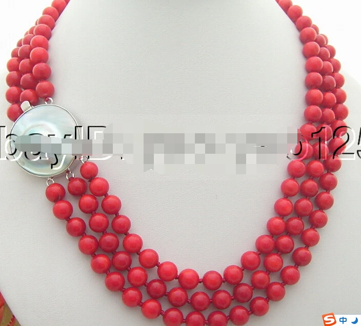 

FREE SHIPPING>>>@@ Hot sale S>>>>>3Strds Red Coral Necklace-925 Silver Mabe Clasp