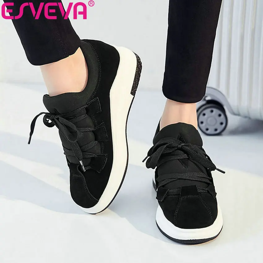 

ESVEVA 2018 Women Pumps Wedges Med Heels Cow Suede+Lycra Lace Up Sneaker Shoes for Spring Autumn Women Casual Shoes Size 34-39