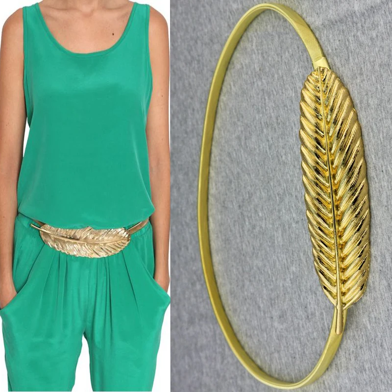 

2017 new gold metal elastic women belts large leaves elastic chain women's waistband wild female belt accessories