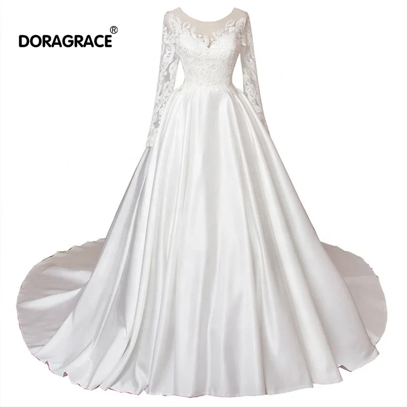 

Doragrace vestidos de noiva Simple Elegant Vintage 3/4 Sleeve Court Train Bridal Gowns Wedding Dresses