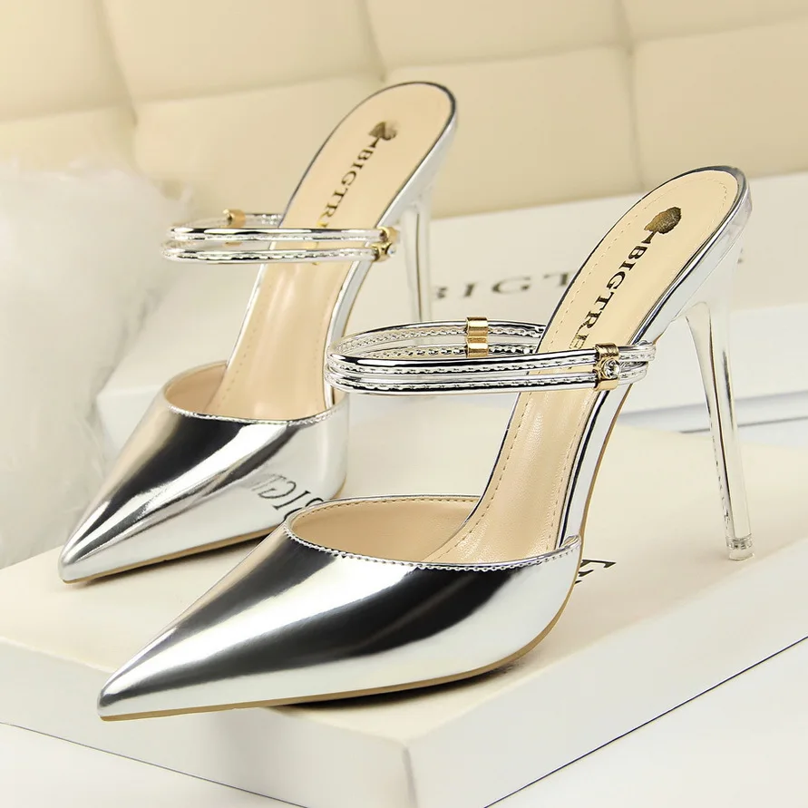 

New Fashion Women Slippers Metal Decoration Women High Heel Slippers Thin Heels Classic Women Shoes She ERA