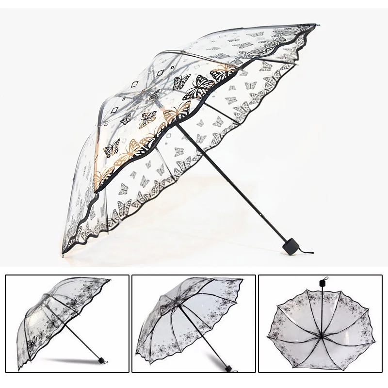 Прозрачный зонтик дождь Обувь для девочек 3 складной Толстая Paraguas Пластик ПВХ Кружево зонтик Новинка 2017 года Для женщин зонтик