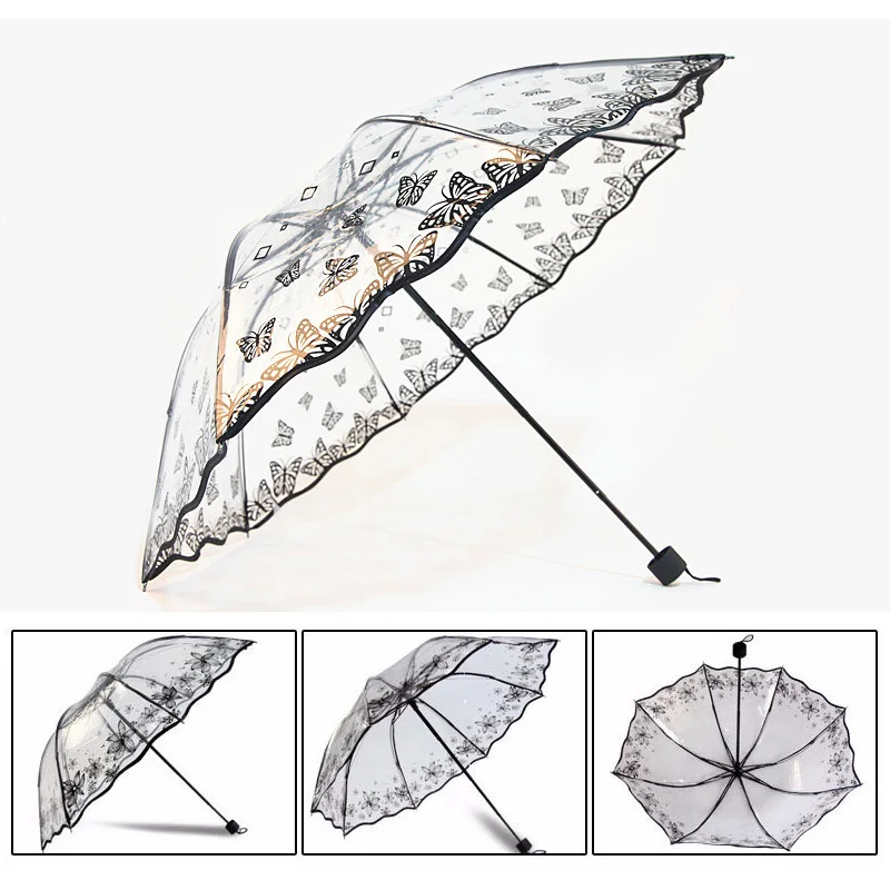 Transparent Umbrella Rain Girls 3 folding Thick Paraguas Plastic PVC