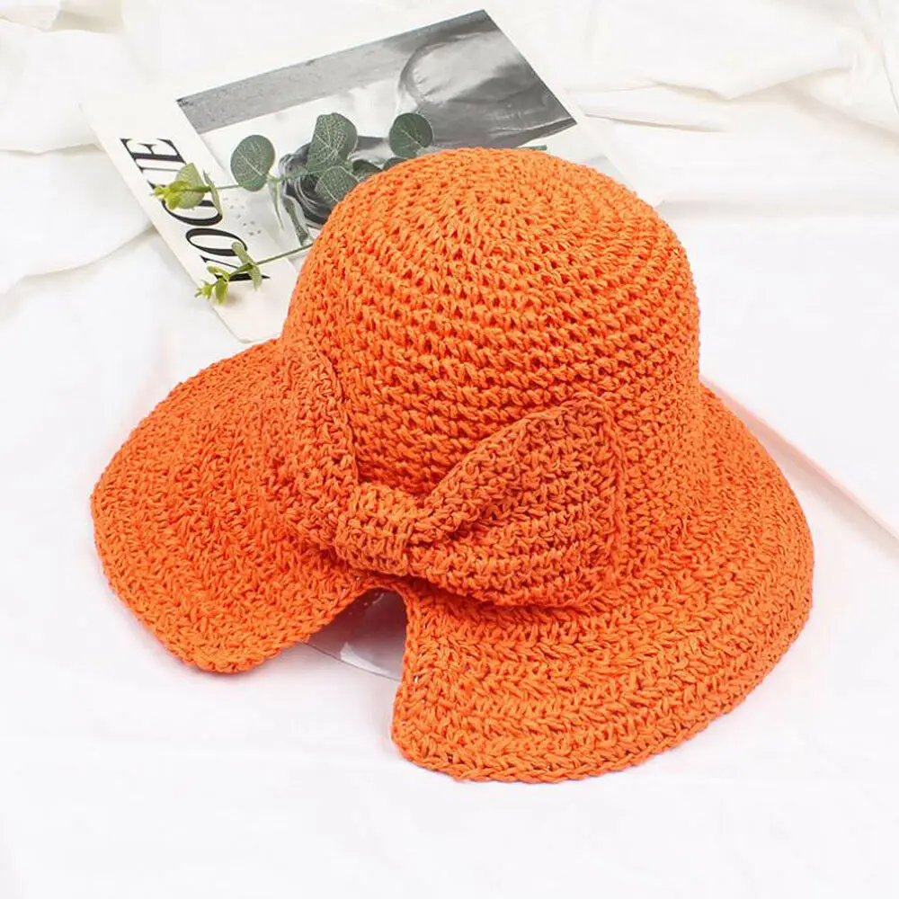 Fashion Bow-knot Straw Sunhat Summer Beach Women Lady Travel Sun Hat Foldable Beach Cap Sun Protection Panama Hat New - Color: Orange