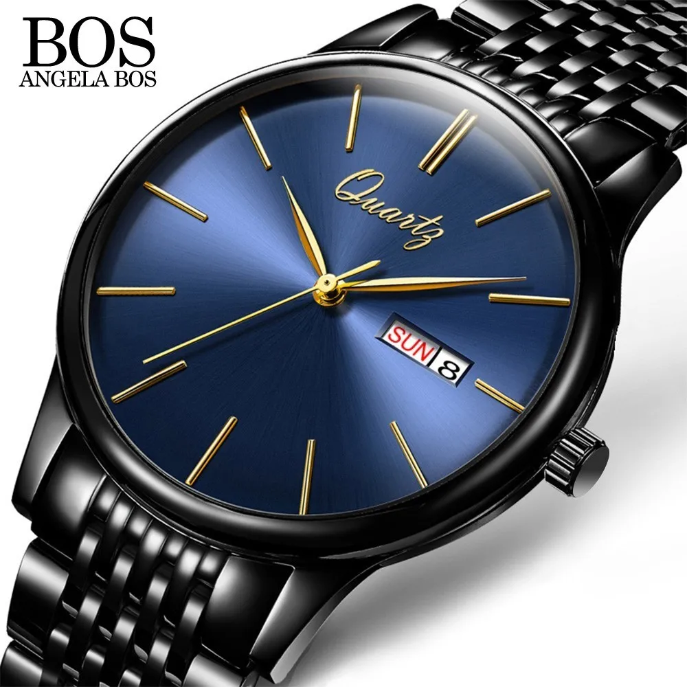 

ANGELA BOS Business Ultra Thin Men's Watches 2018 Top Brand Luxury Quartz Stainless Steel Watches Men Fashion Calendar Date Week