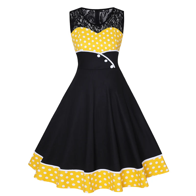 4XL размера плюс Pin Up 50s платье в горошек черно-белое лоскутное кружевное винтажное платье Свинг Vestidos 1960s вечерние платья - Цвет: 4
