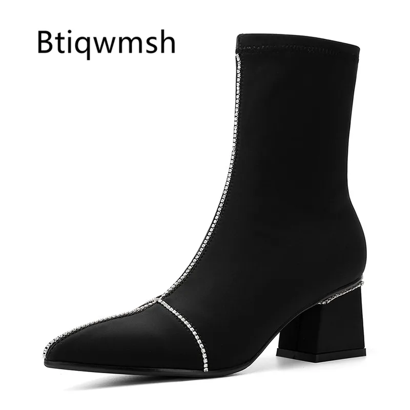 

2019 Stretch Sock Boots Women Pointed Toe Point Toe Rhinestone Chunky High Heels Boots Woman Black Purple Ankle Boots