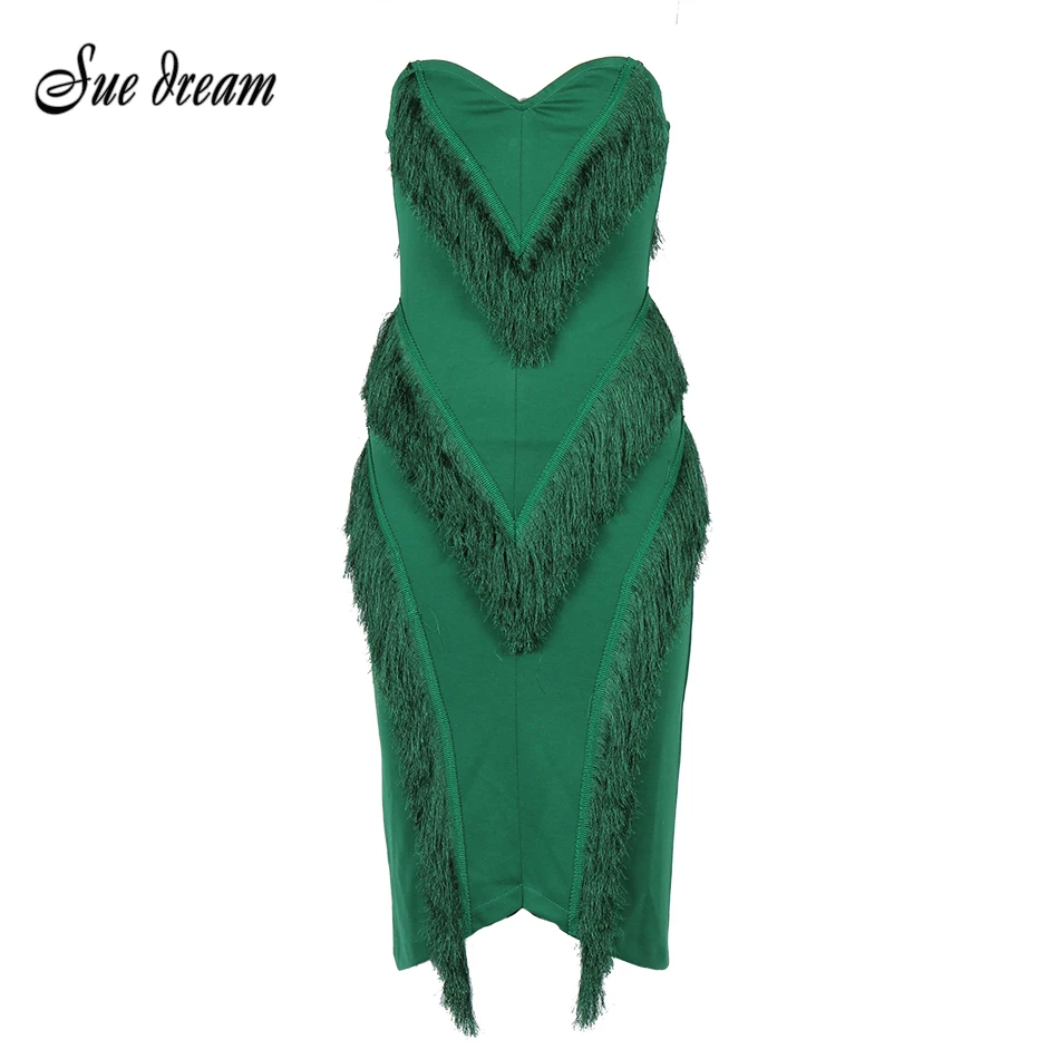

2018 Sexy Bodycon Dress Sleeveless Strapless Elegant Celebrity Party Red Green Dresses New Spring Women Dress Tassel Vestidos