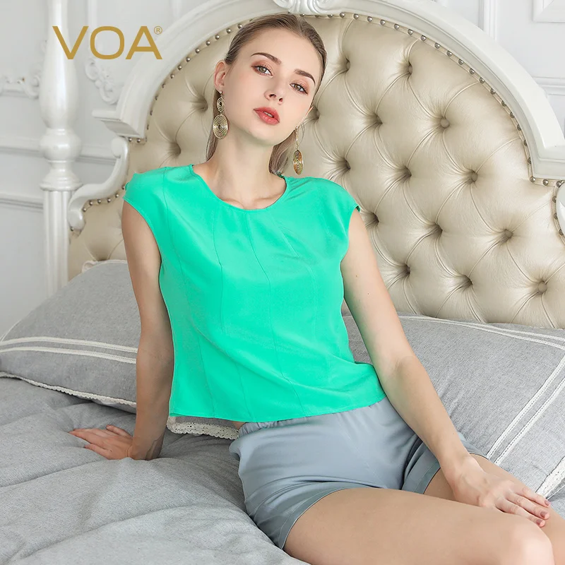 VOA Silk T Shirt Summer Ladies Tops Short Sleeve Casual Tee Slim Women Clothes Basic Large Size Brief Solid Streetwear B708 Tops