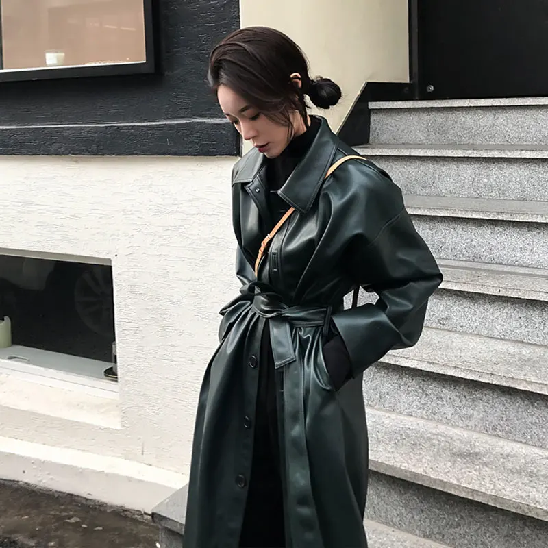 spring autumn Fashion new PU leather windbreaker slim temperament women belted trebch coat