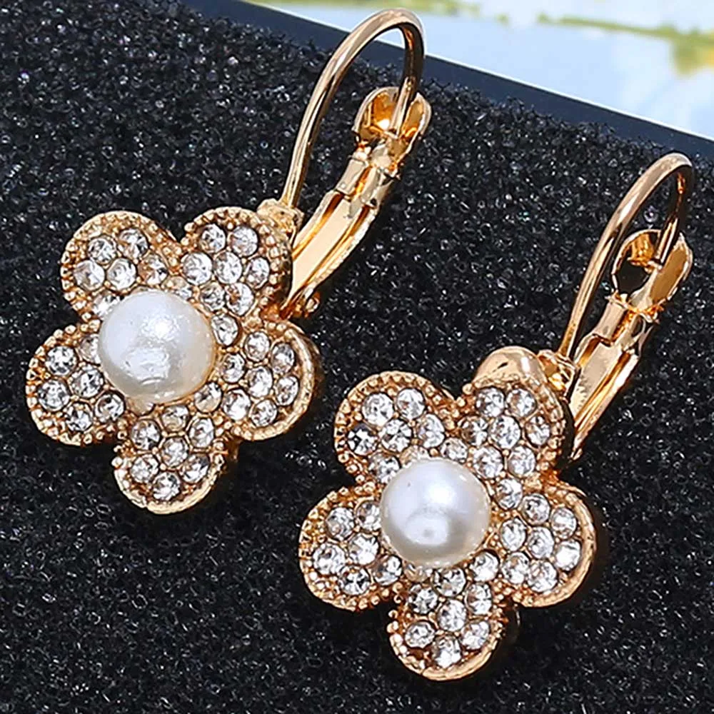 

Bing Tu Gold Color Jewelry Black White Pink Crystal Flower Drop Earrings Simulated Pearl Earring For Women Wedding Earings