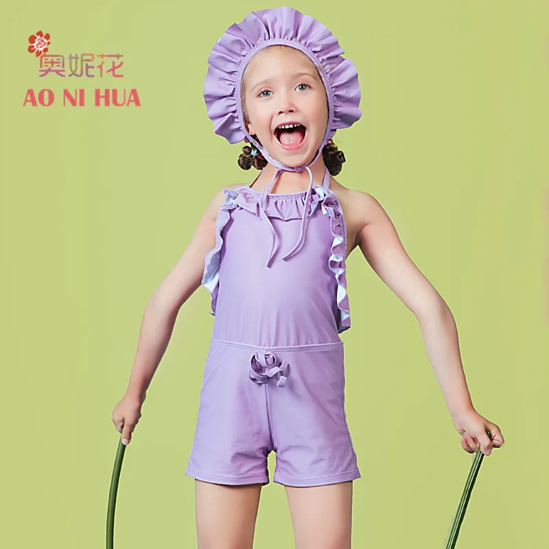 

AONIHUA Design Ruffles ultra violet One piece Swimsuit Girls Backless Sweet Solid color Lavender baby swimwear kids bathing suit